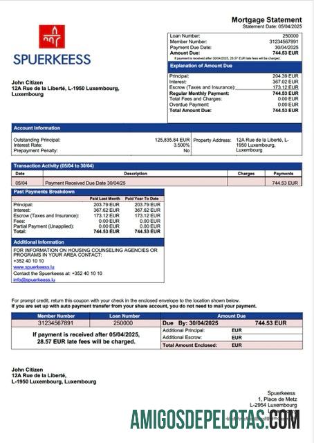 imprimível Modelo Word e PDF de extrato de hipoteca do Banco Spuerkeess de Luxemburgo